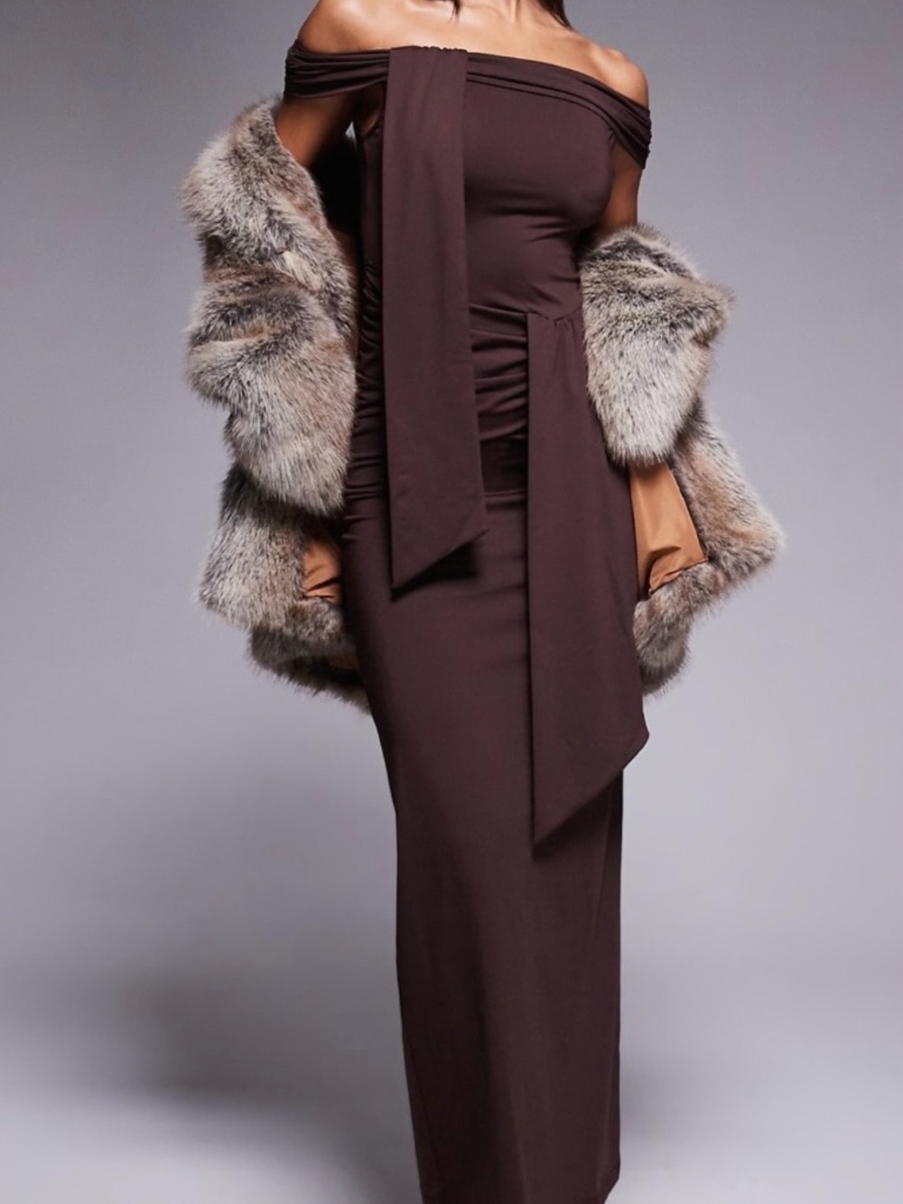 Off-Shoulder Maxi Dress in Deep Brown